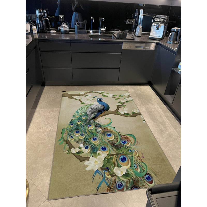 Tapis décoratif moderne vert à motif paon surréel vert, Rectangle 3 pi 9,81 po x 4 pi 11,06 po