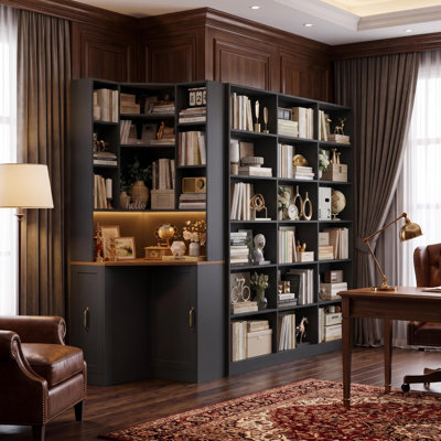 2-Piece Office Storage Set: L-Shaped Corner Cabinet with LED & Charging Station + 6-Tier Triple Bookshelf