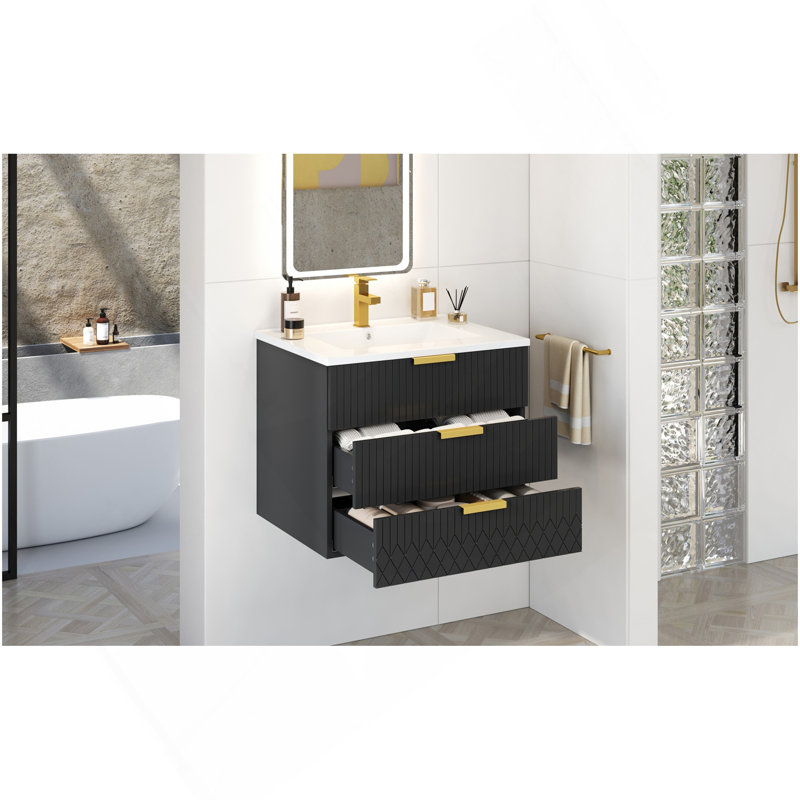 24Inch Wall Mounted Floating Cabinet W/Double Drawer, Floating Rectangular Vanity Small Bathroom Sink With Single Faucet Hole And Overflow, Modern Bathroom Cabinet With Ceramic Basin Sink