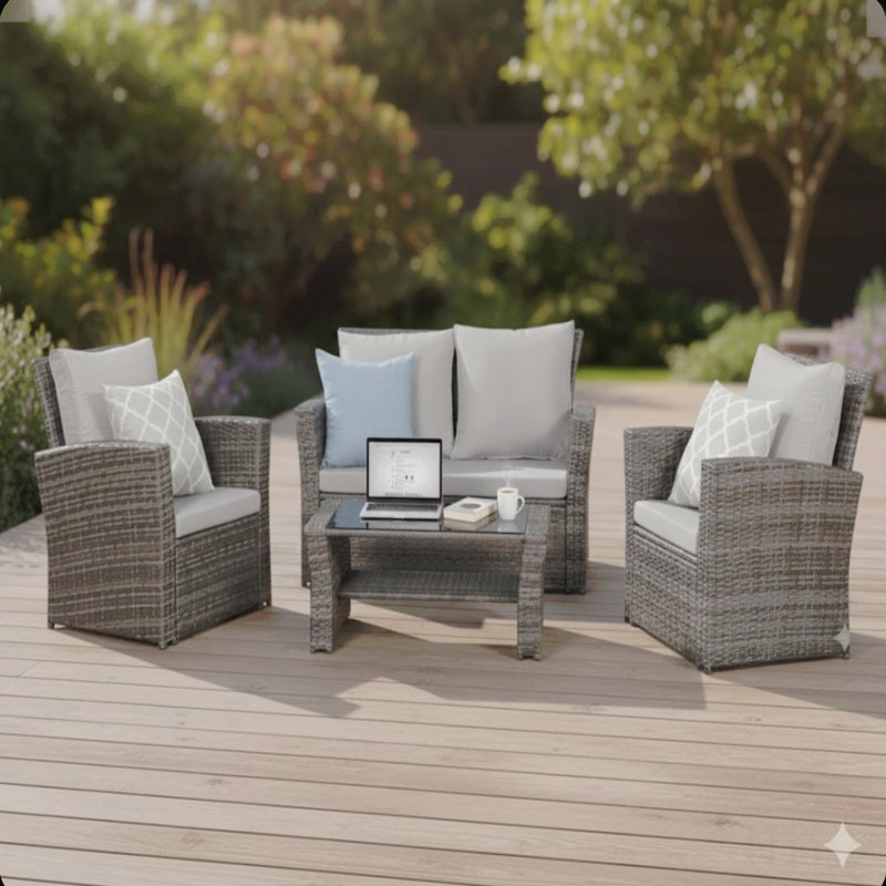 4-Piece All Weather Wicker Patio Conversation Set With Gray Cushions And Glass Table, Gray