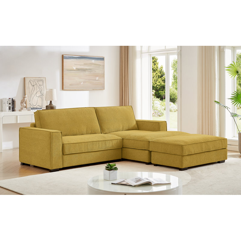 3 Piece Upholstered Sectional Sofa with Removable Ottoman, Yellow 100% Linen