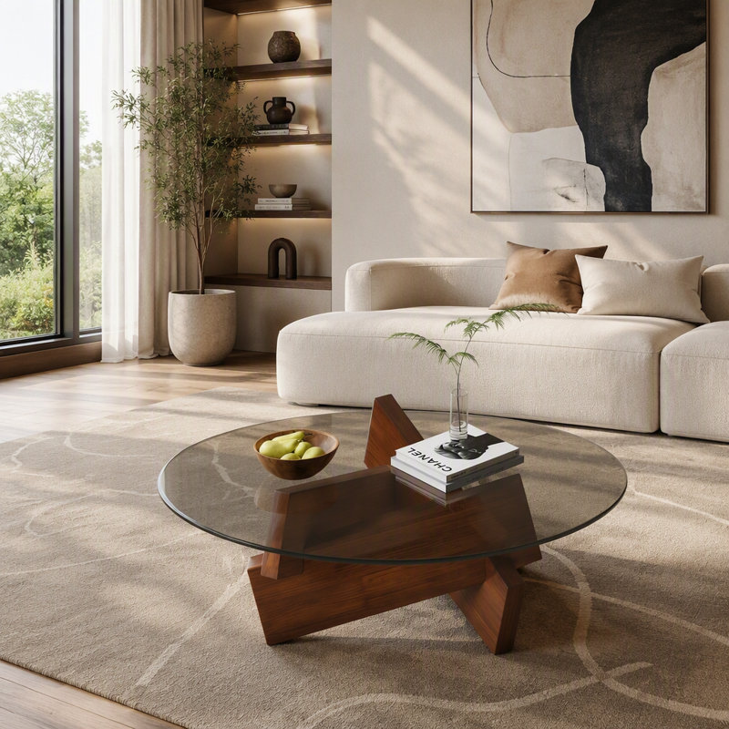 Table basse moderne en verre de style Mid-Century, Noyer, Style 6