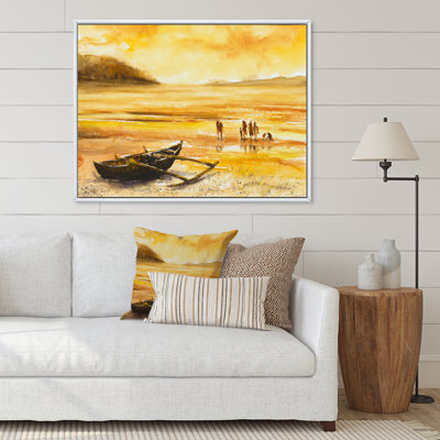 Groupe de personnes sur une plage au coucher du soleil - peinture sur toile