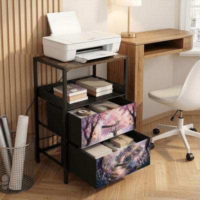 Table de chevet 2 tiroirs avec station de charge, table de chevet de chambre à coucher avec ports USB, tablette ouverte noire, table de chevet avec paysage de jardin de cerisier en fleurs, pont de fées, impression magique