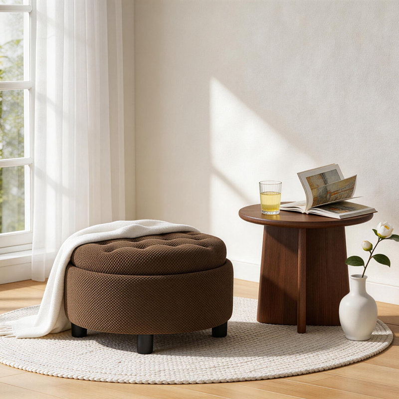 Round Storage Ottoman with Tray, Upholstery Coffee Table with Removable Top, Coffee / Black, Coffee