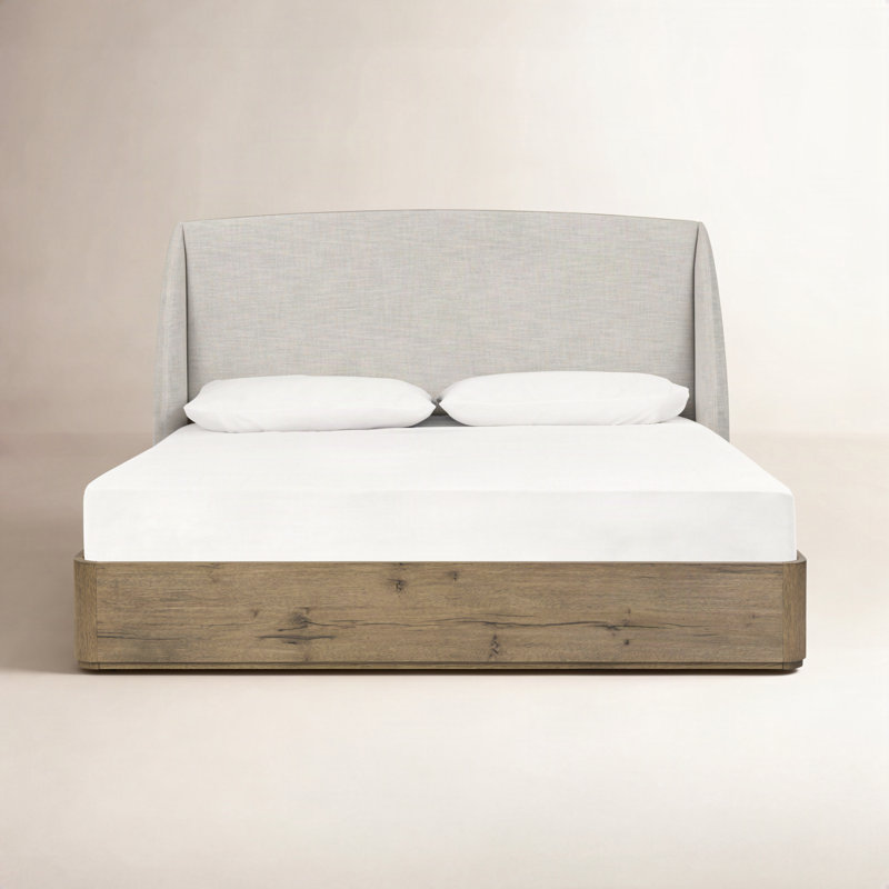 Maeve Upholstered Wingback Bed, King, Cambric Ivory/Natural Oak