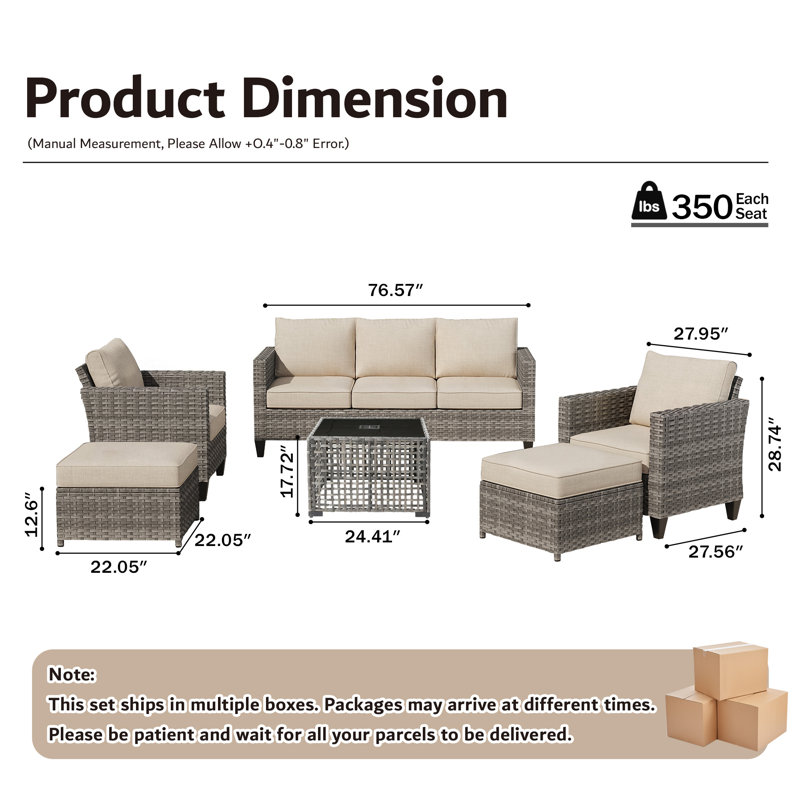 Ensemble de conversation canapé en rotin pour 7 personnes avec table basse Harbin, Beige