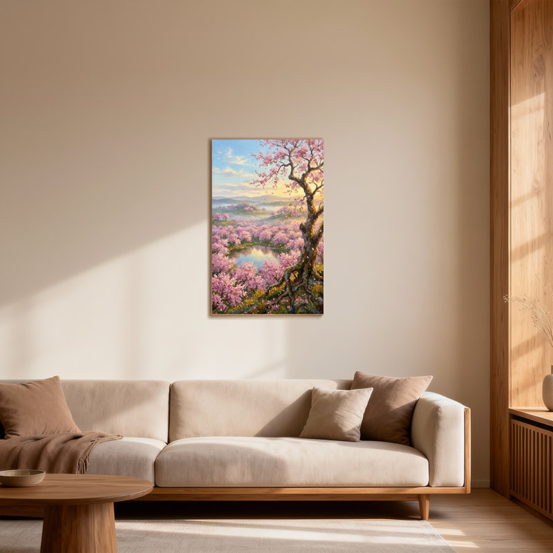 Plantes et fleurs de cerisier en fleurs avec arbre et lac, H 36 po x l 24 po