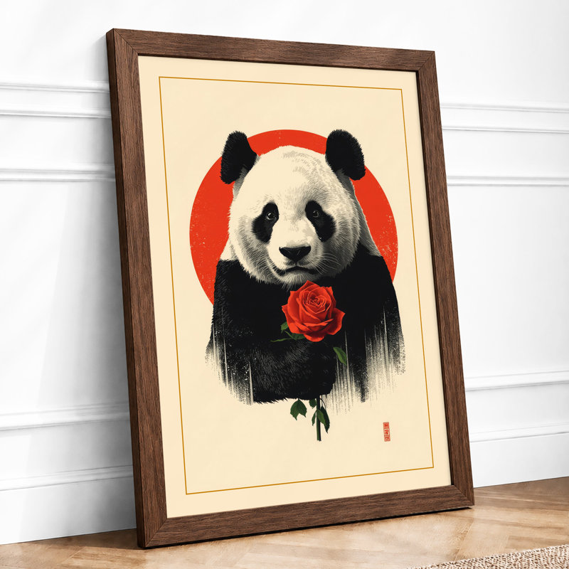 Panda With Rose Japandi - Print, Walnut, A1 - 84.1 x 59.4 cm