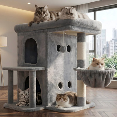 25.6in Cat Tower with Spacious Top Perch for Large Cats, Stair-Style Cat House, Dual-Layer Condos, Sisal Scratching Posts, Cozy Basket, Pompom, Light Gray