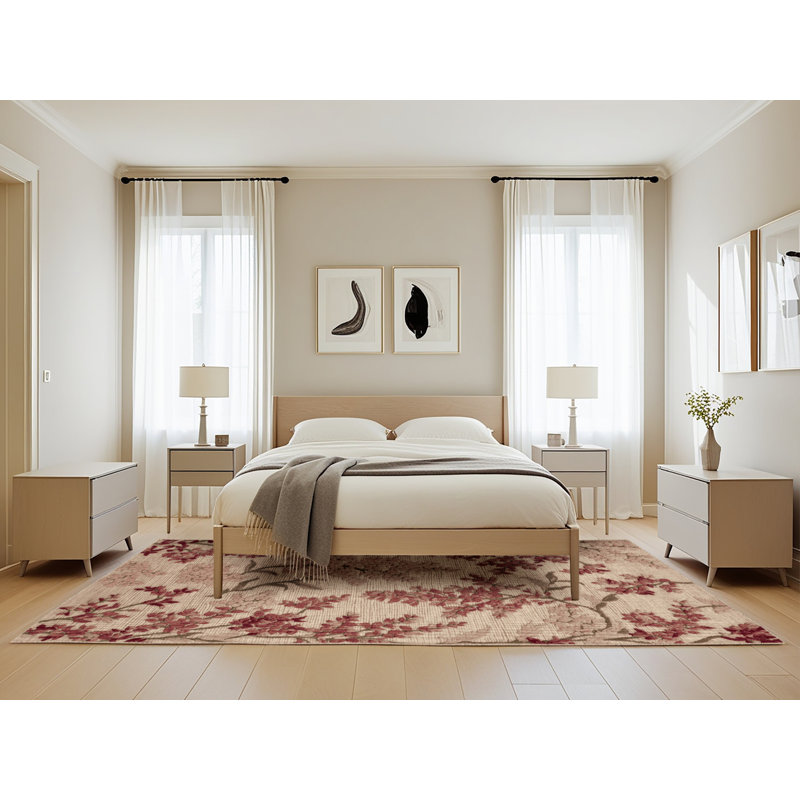 Tapis botanique beige lavable à la machine, Rectangle de 5 pi x 8 pi
