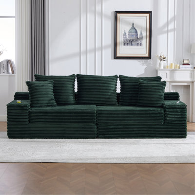 Très grand canapé sans siège à quatre places avec porte-gobelet et poches latérales, canapé-lit rembourré en velours côtelé avec 3 coussins, 2 coussins lombaires, salon, chambre à coucher, sans assemblage, matériau respirant