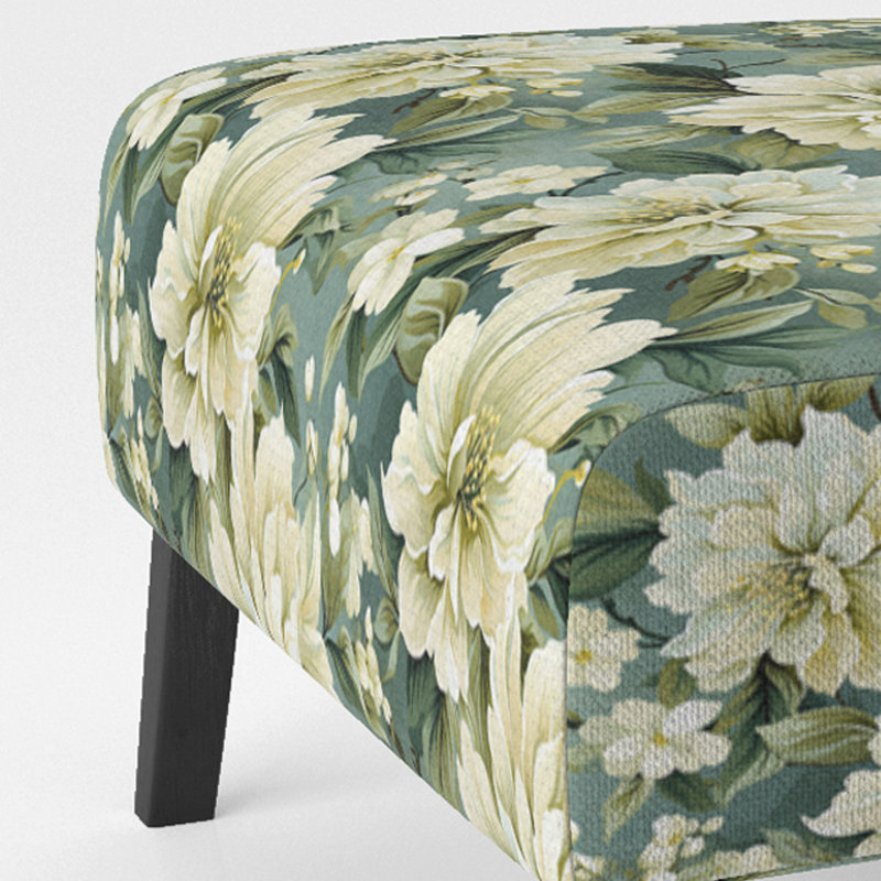 Fauteuil de chambre rembourré beige et vert avec pivoines damassées Serenity II