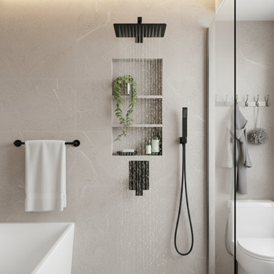 Système de douche à pluie 10 "avec douche à main 2,2 GPM - Watersense noir mat avec valve de rangement