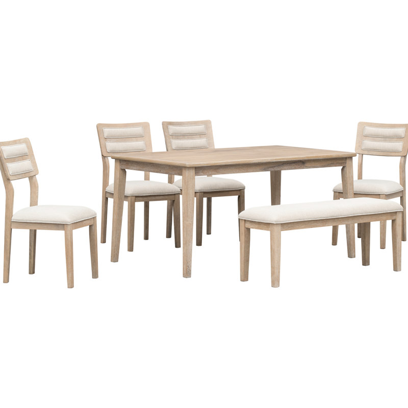 6 chaises de salle à manger de style classique avec table et chaises rembourrées de style traditionnel, Bois naturel délavé