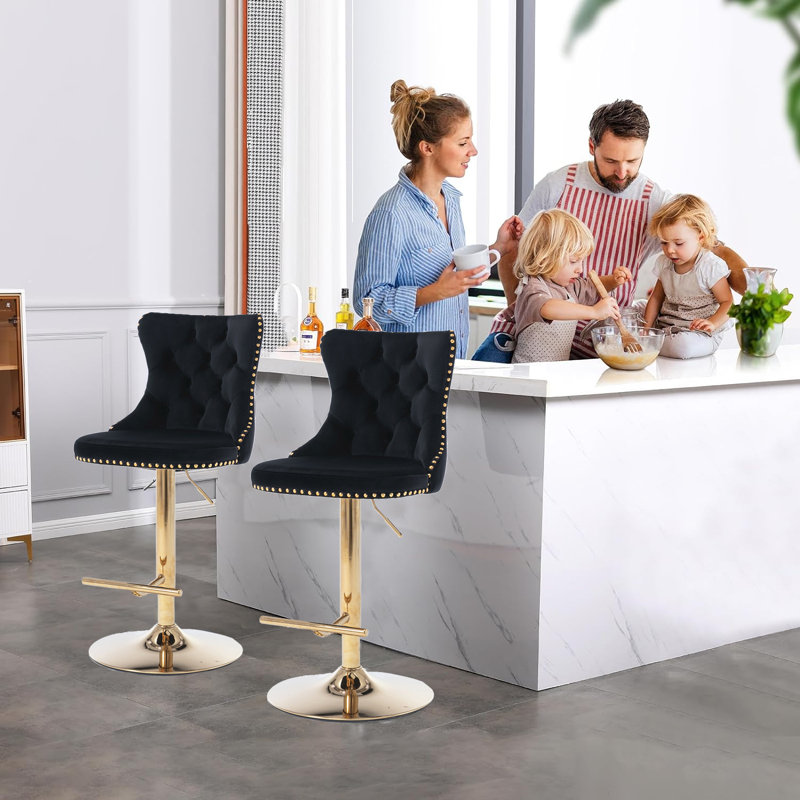 Tabouret pivotant à hauteur réglable Hukam, Noir, Or