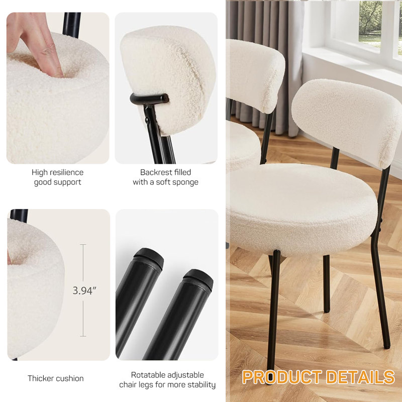 Sherpa Fabric Upholstered Dining Chairs With Backrest For Dining Room, Kitchen, Living Room, Beige, 2