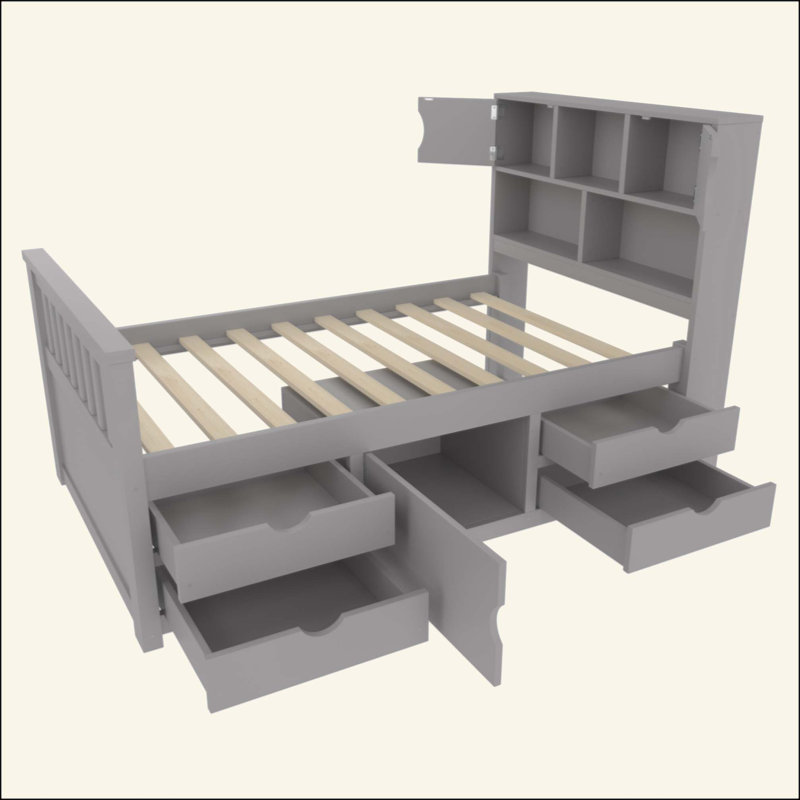 Base de lit plateforme capitaine avec bibliothèques de rangement et tablettes, quatre tiroirs, Gris
