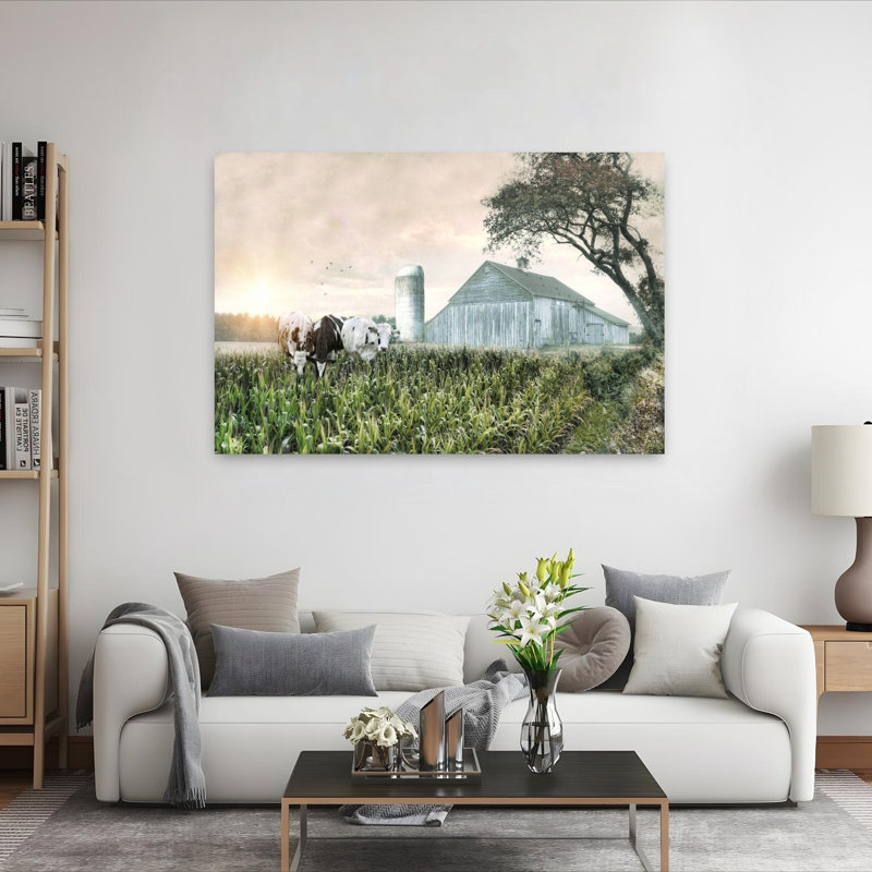 Vaches dans le maïs, art abstrait rétro, paysage de vache, H 40 po x l 60 po