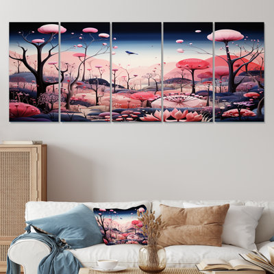 «Pink Fantasy Mushroom Forest I - Fantasy», art mural 5 pièces