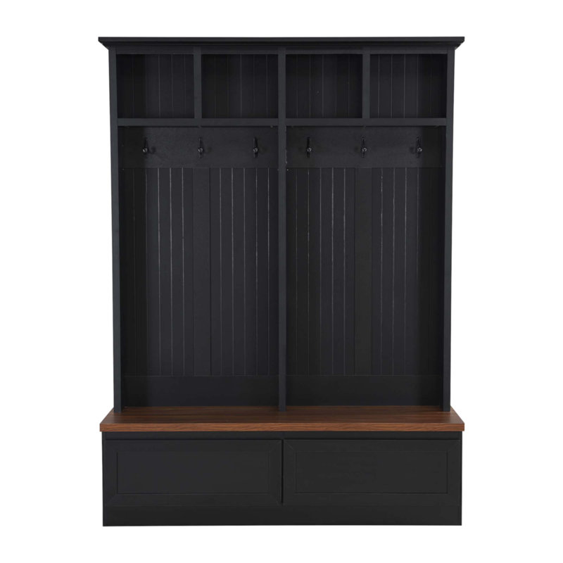 Farmhouse 4-In-1 Hall Tree With Wood Grain Bench And Storage Drawers, Black, Black/Dark Walnut