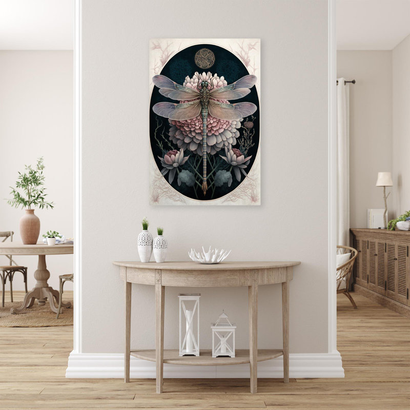 Pivoines et libellule - impression sur toile tendue, H 14 po x l 11 po x P 1,25 po