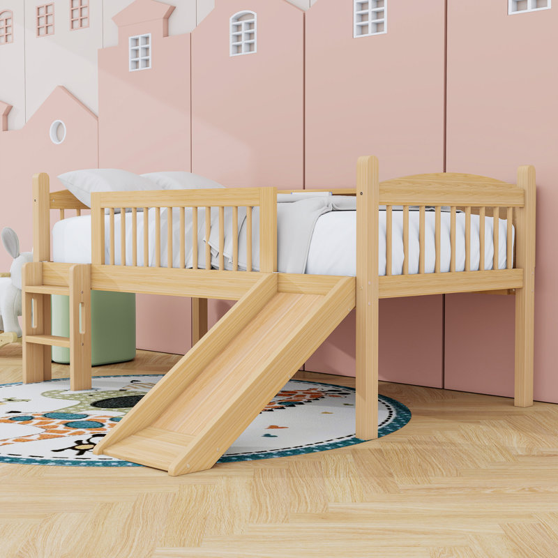 Lit mezzanine bas en bois avec tablettes, éclairage DEL, échelle et garde-corps, Naturel, Simple TG