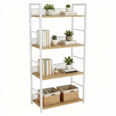 4 Tier White Bookshelf, Tall Bookcase with Metal Frame and Wood Shelves, Industrial Storage Organizer Rack for Books, CDs, Plants, Narrow Standing Shelf for Bedroom Living Room Home Office