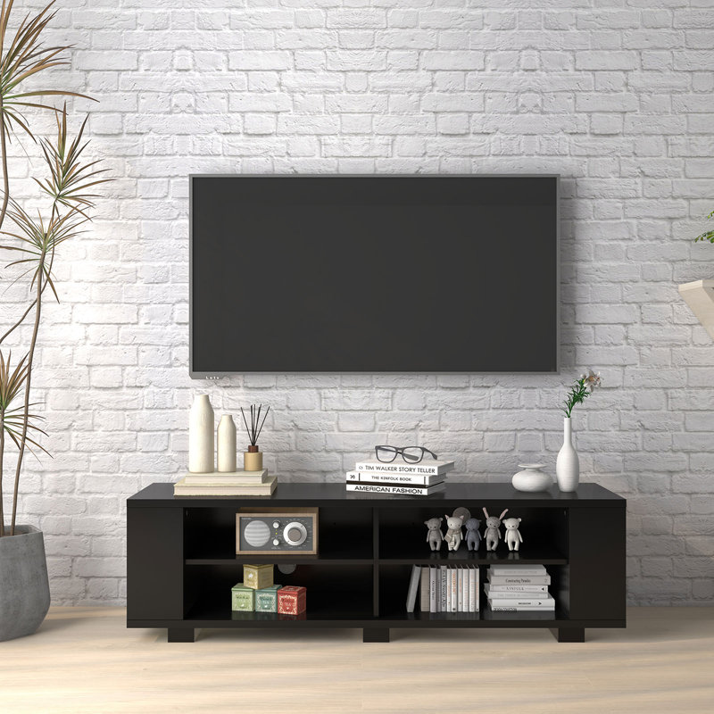 Meuble télé en bois avec 8 tablettes ouvertes pour téléviseur de 65 po ou moins, Noir