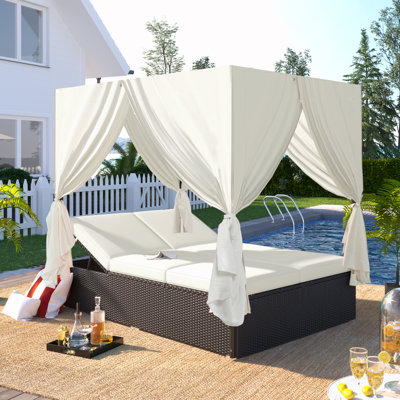 Double chaise longue d'extérieur avec rideaux et dossier réglable