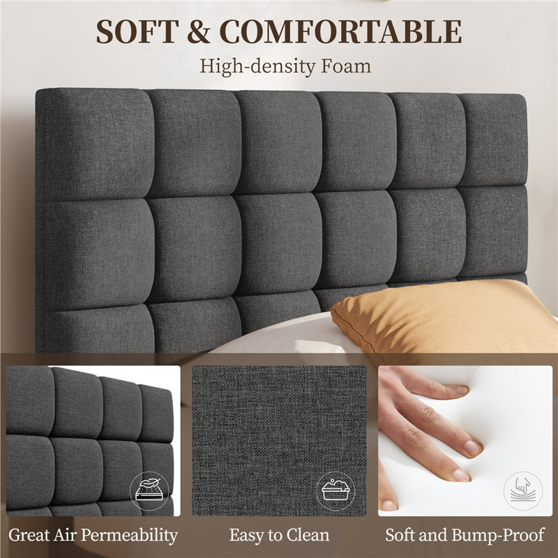Size Modern Upholstered Bed Frame with Adjustable Square Tufted Headboard, Linen Fabric/Dark Grey, Single (3')