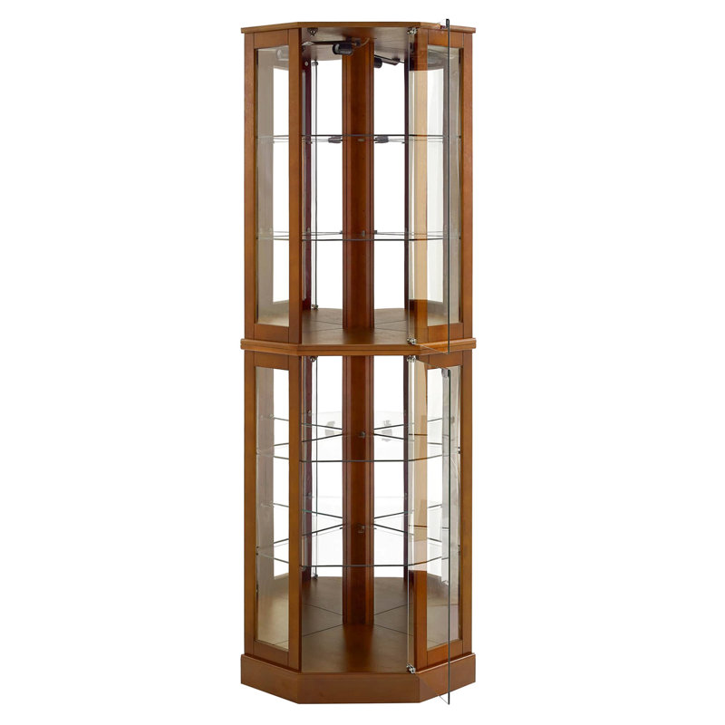 Vitrine à 6 tablettes avec lumières, miroir, réglable, matériau éclairé, tablettes réglables, présentoir, Noyer