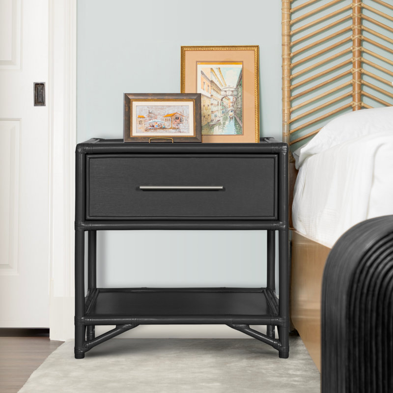 Olivia Collection 1 - Drawer Rattan Nightstand, Black