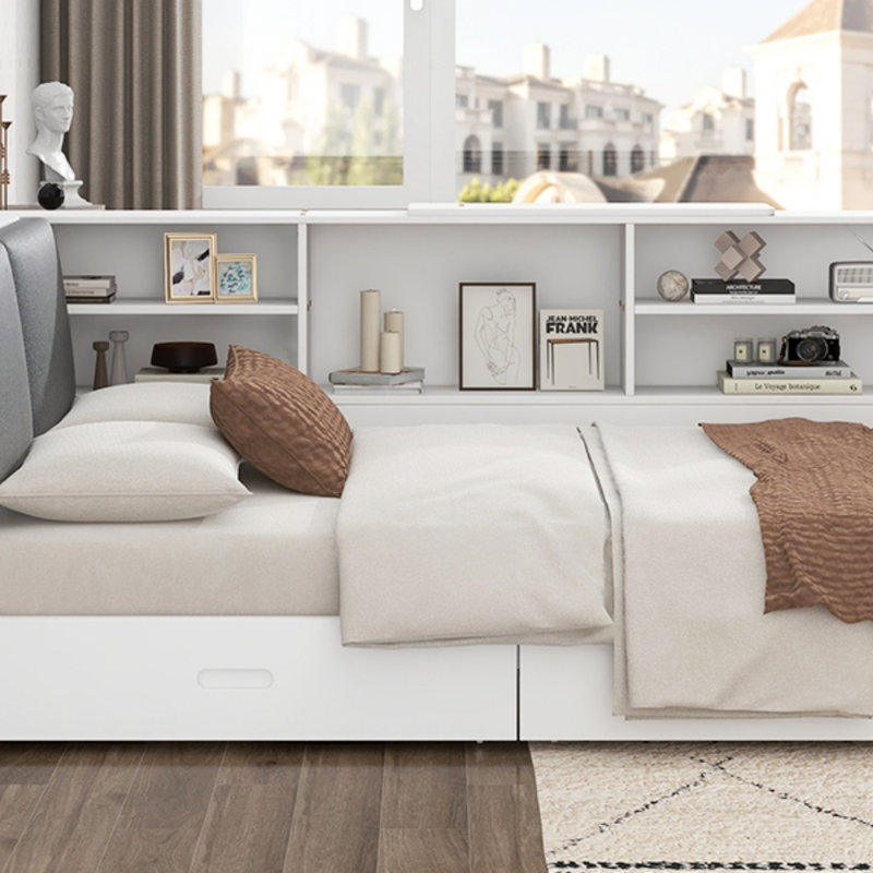 Lit plateforme en bois avec tête de lit, tablettes et 2 tiroirs pour une meilleure organisation, Blanc