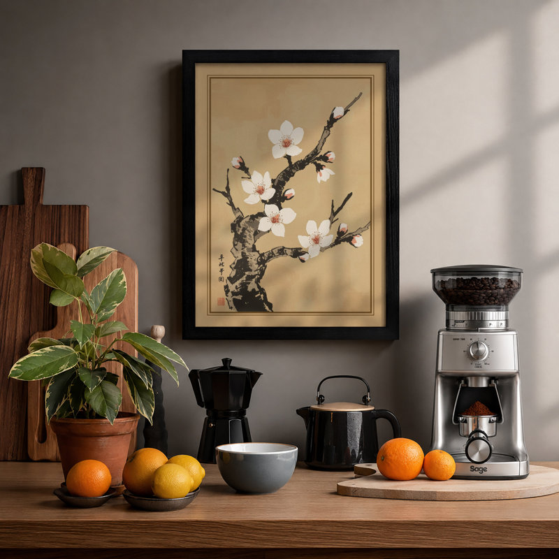 Blossoms on Branch Japandi - Framed Print, A2 - 59.4 x 42.0 cm, Black