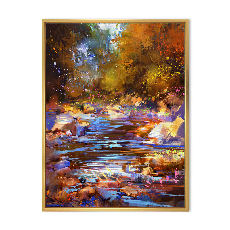 Fall River Lines with Stones in Forest - Peinture sur toile, H 44 po x l 34 po x P 1,5 po, Cadre flottant doré