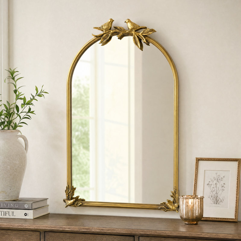 Arched Metal Wall Mirror with Vintage Bird & Branch Iron Wall Decor for Bedroom, Entryway, Living Room, 30" x 20"