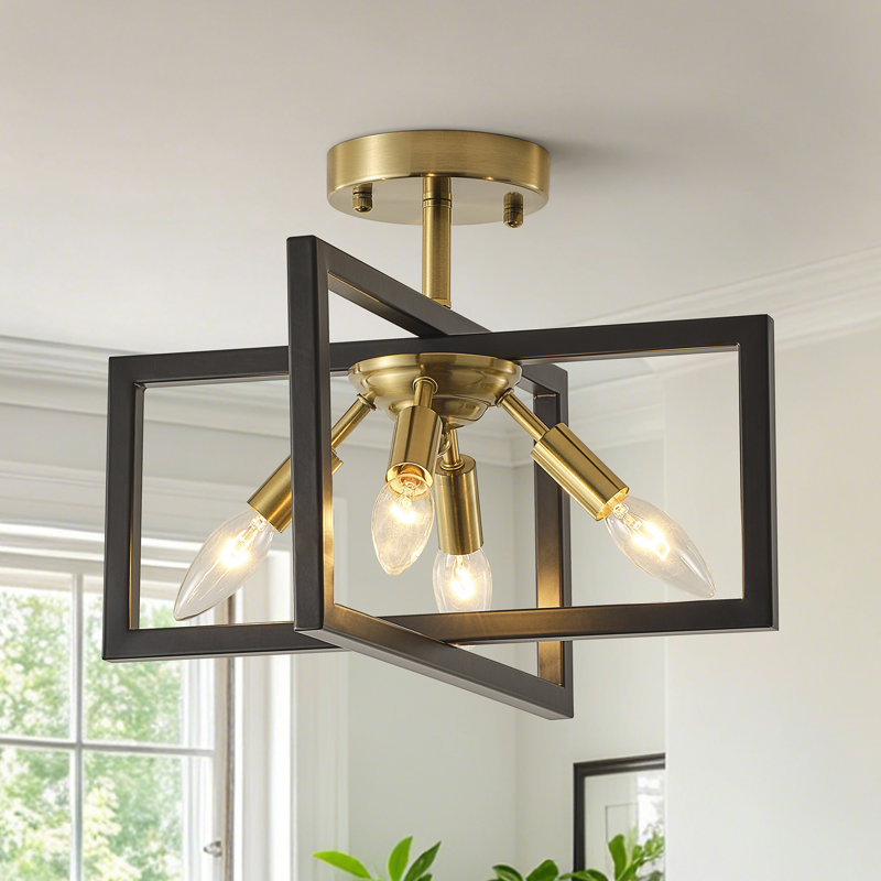 4 - Light 14.57" Modern Black/Gold Industrial Geometric Semi Flush Mount Ceiling Light