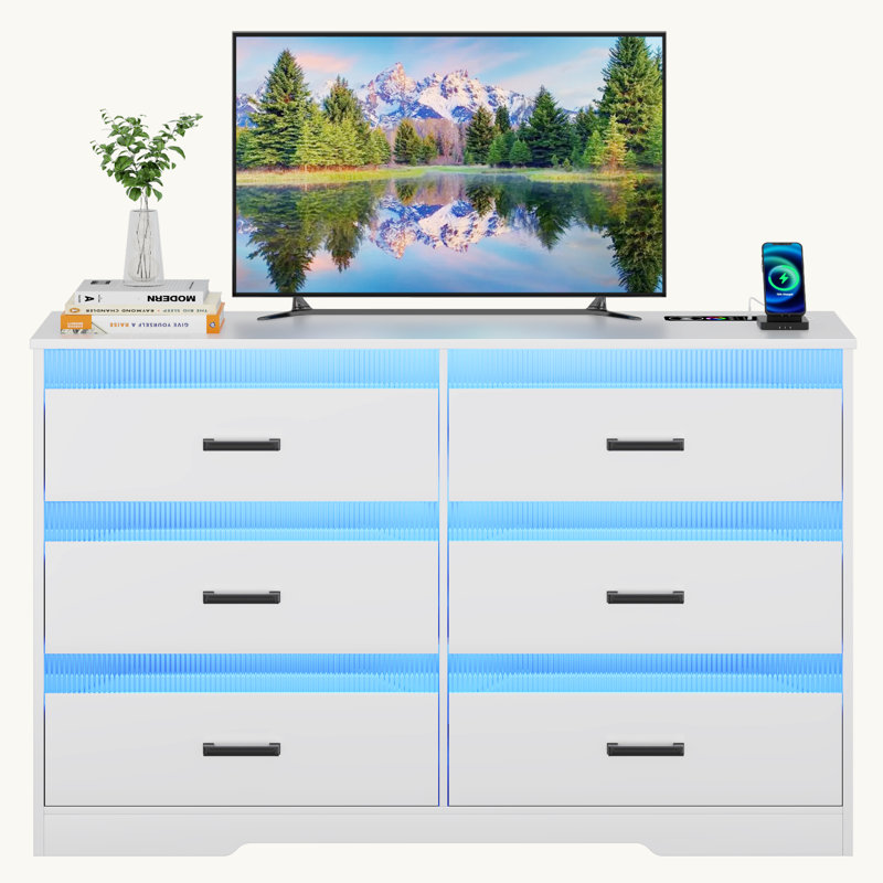 6-Drawers Dresser With LED Light and USB Port, White