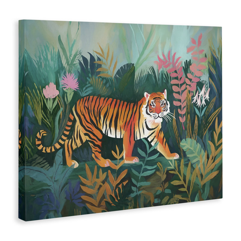«Tiger in Jungle Leaves», art mural sur toile par Ramona Murdock, H 30 po x l 40 po