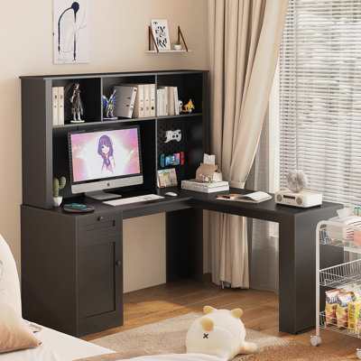 Bureau en L avec chargeur, bureau d'ordinateur avec tiroirs, bibliothèque et bahut avec lumière DEL