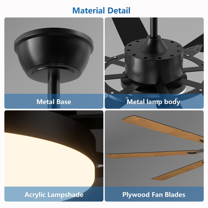 Grand ventilateur de plafond 72 pales de 72 pouces à 8 pales, moteur à courant continu réversible silencieux, ventilateur de plafond moderne intérieur / extérieur, adapté pour la cuisine, le salon et la terrasse, noir.