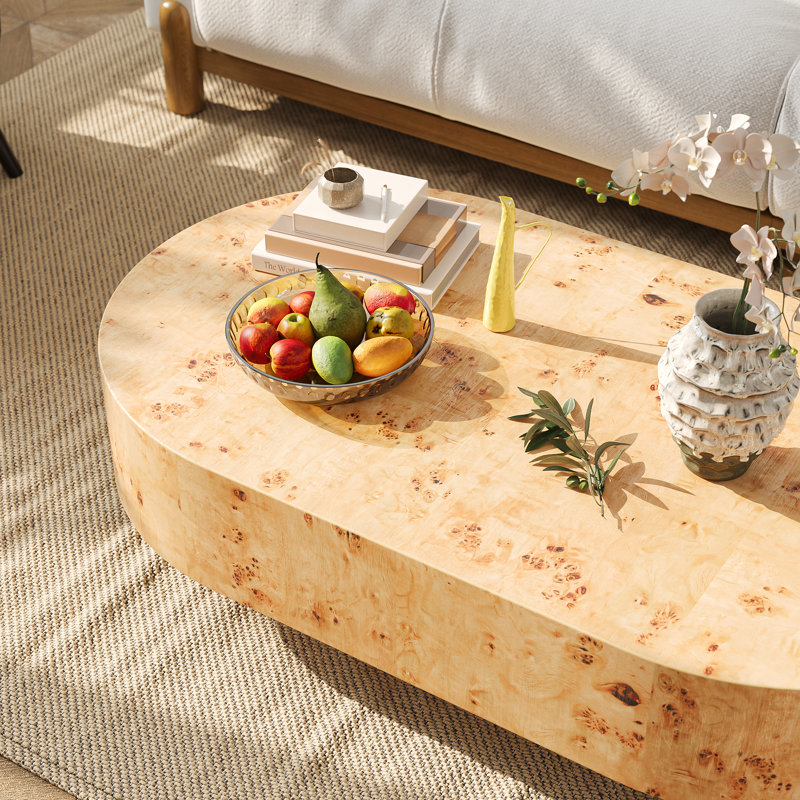 43" Modern Oval Coffee Table With Solid Wooden Veneer, Natural