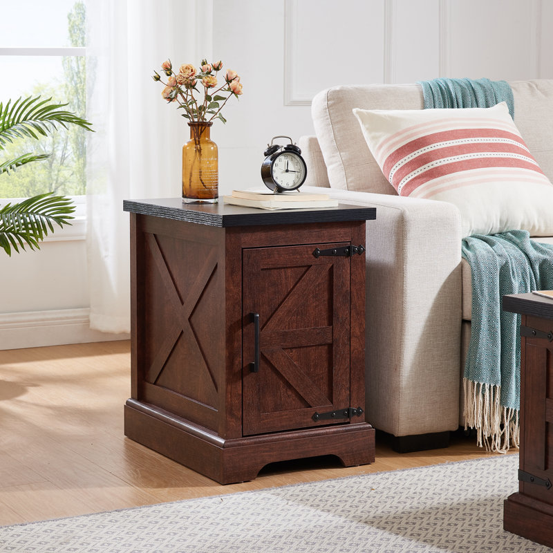 Farmhouse End Table Nightstand Rectangular Farmhouse End Table With Barn Door And Adjustable Storage Shelf, Rustic Sofa Side Table