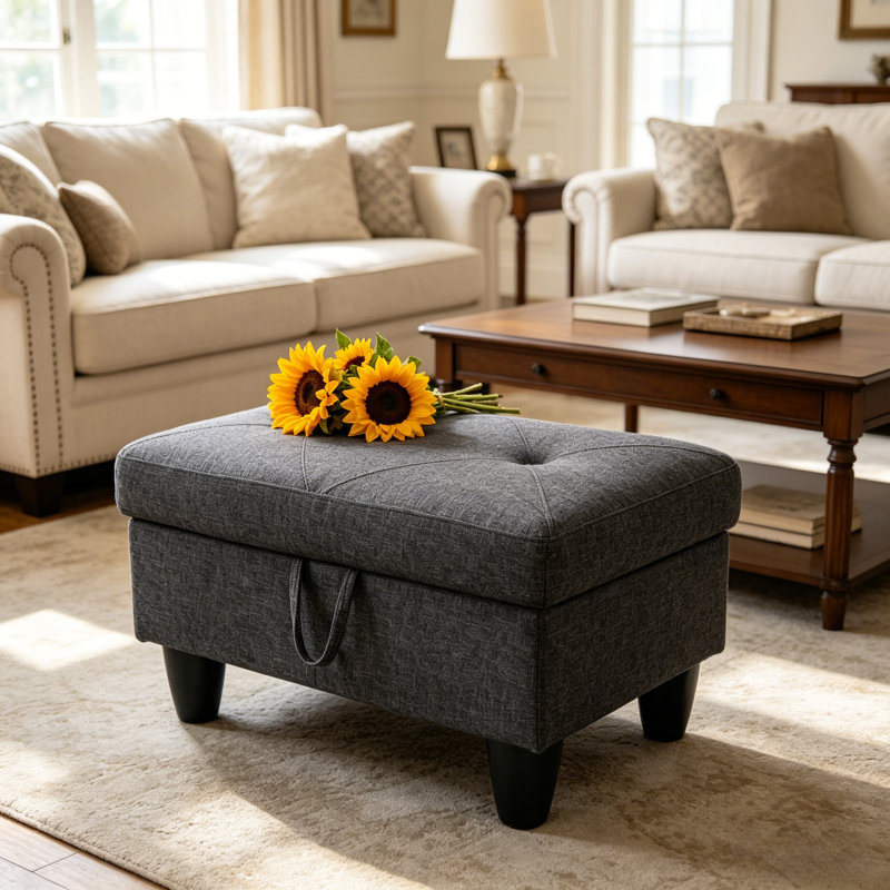 Tufted Linen Storage Ottoman with Lift Top, Black Linen Blend