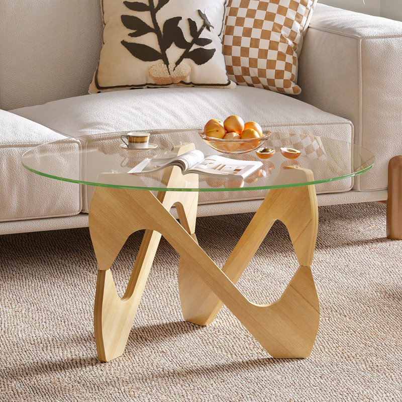 Table basse ronde avec pieds en bois massif, table minimaliste pour le salon, Clear Top/Oak Base