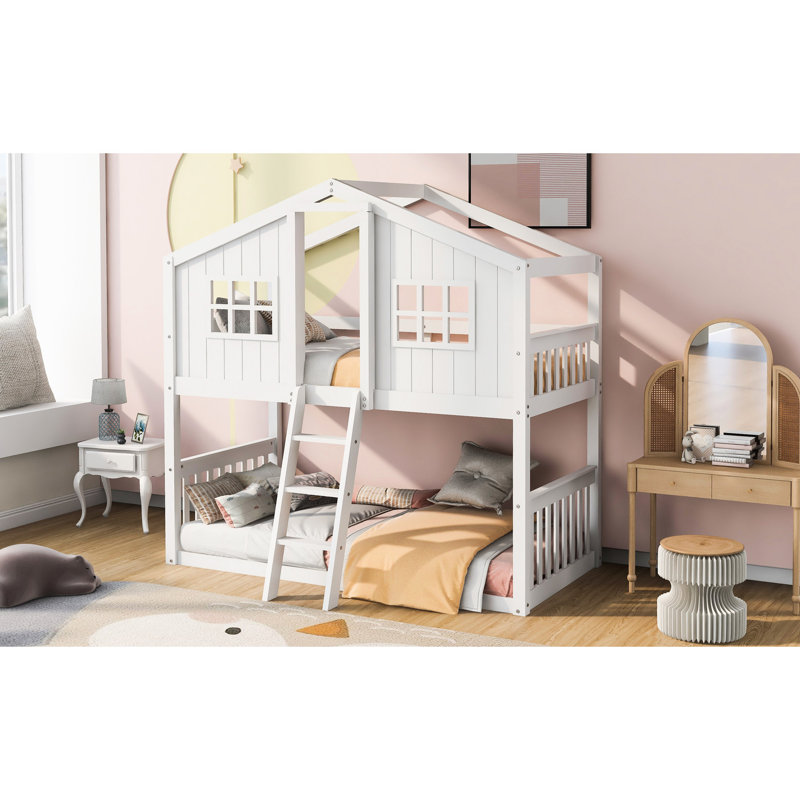 Lit superposé à échelle en gris - lit simple en bois massif pour la taille de la pièce avec bois, choix pratique pour la chambre à coucher