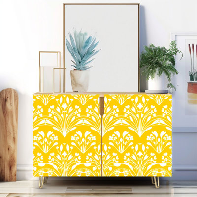 Buffet étroit de 35,4 po de largeur - armoire de rangement d'appoint à 2 portes avec imprimé feuille de palmier de couleur jaune doré et pieds en métal