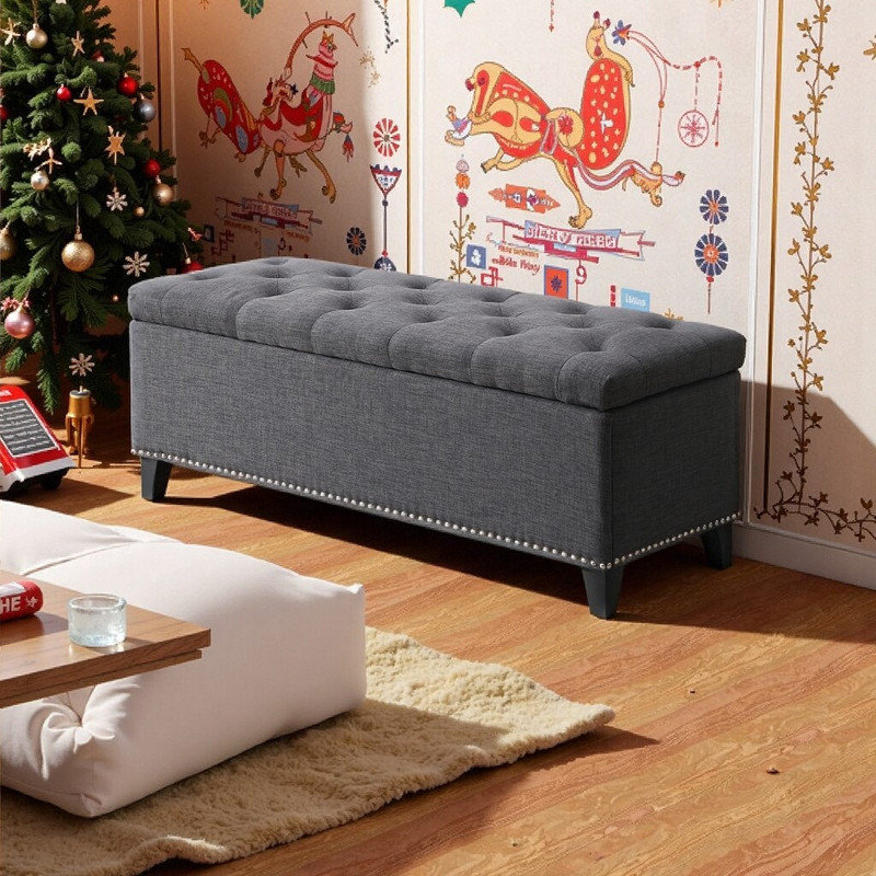 47.5" Button-Tufted Storage Ottoman Bench With Safety Close Hinge And Support Up To 500Lbs, Gray