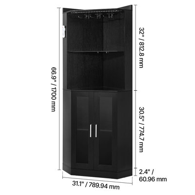 Armoire à vin de coin, armoire de bar avec rangement spacieux, buffet moderne avec support en verre, luminosité DEL réglable, sangle anti-basculement, pour la maison, le salon, la salle à manger, le bois noir